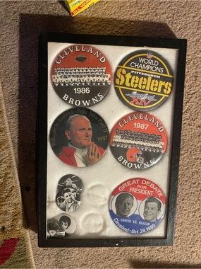 Vintage Sports & Political Button Pin Set — Cleveland Browns + Steelers